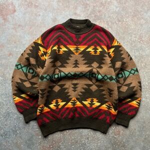 United Colors of Benetton Vintage Shetland Wool Aztec Sweater Mens XL